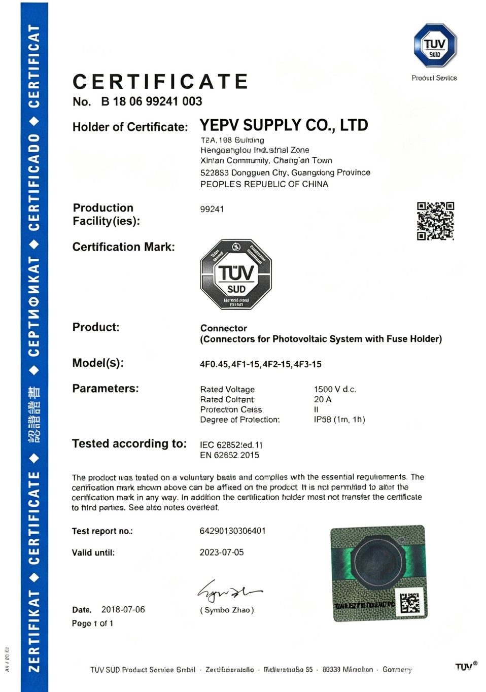 TÜV SÜD Certificate — No. B 18 06 99241 003